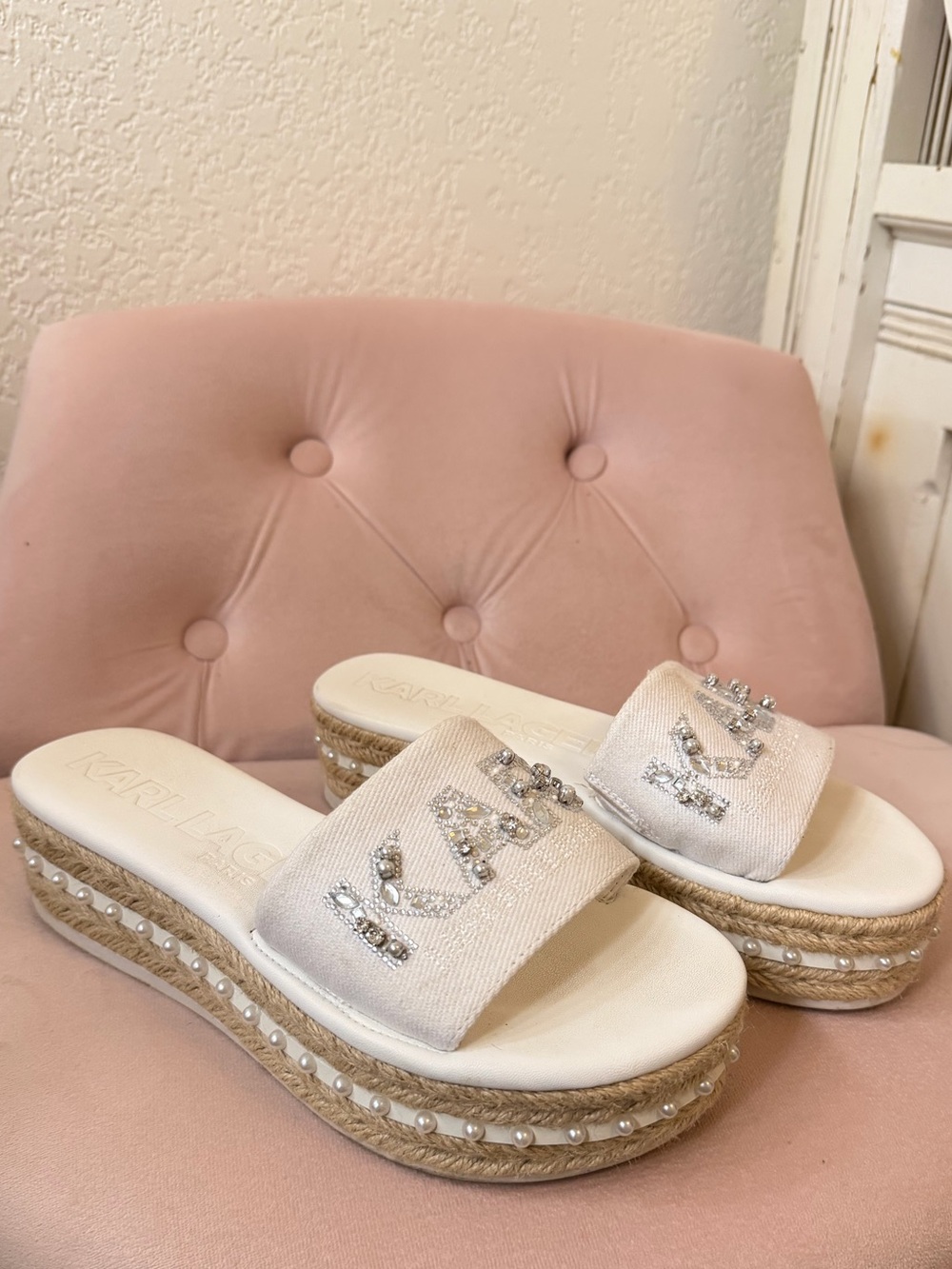 Karl Lagerfeld Cream Embellished Platform Slide Sandals
